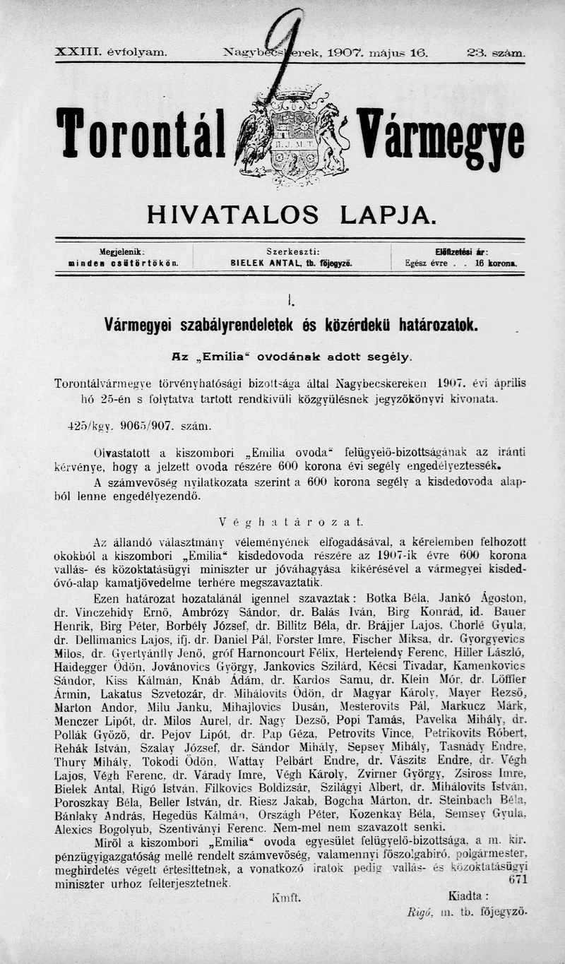 Torontál Vármegye Hivatalos Lapja, 23. évf. 1907. május 16. 23. sz.