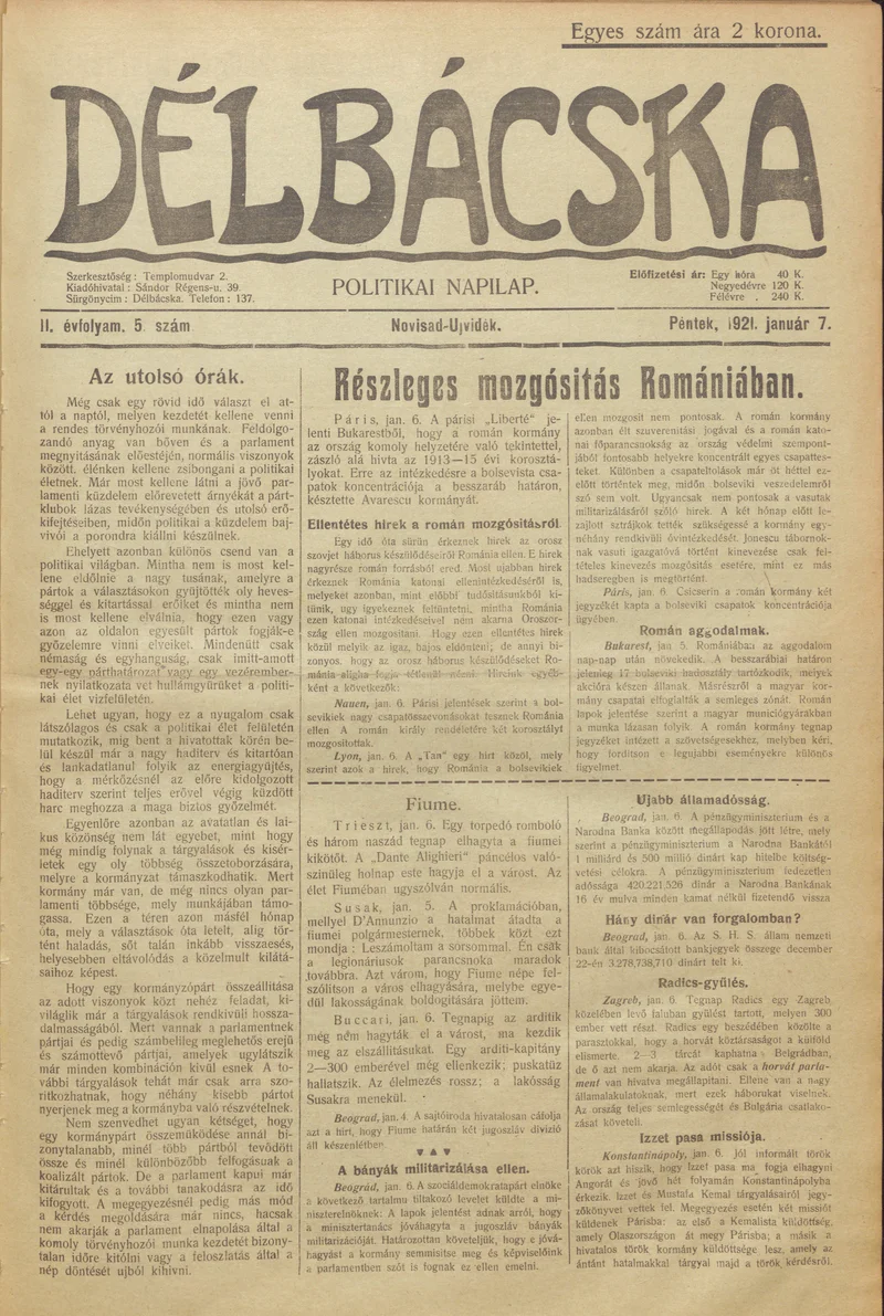 Délbácska, 2. évf. 1921. január 7. 5. sz.