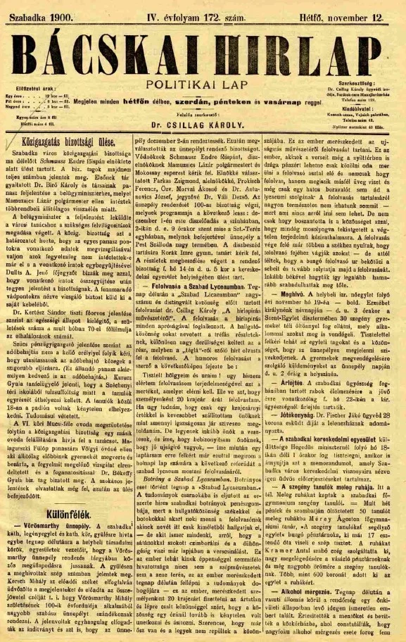Bácskai Hirlap, 4. évf. 1900. november 12. 172. sz.