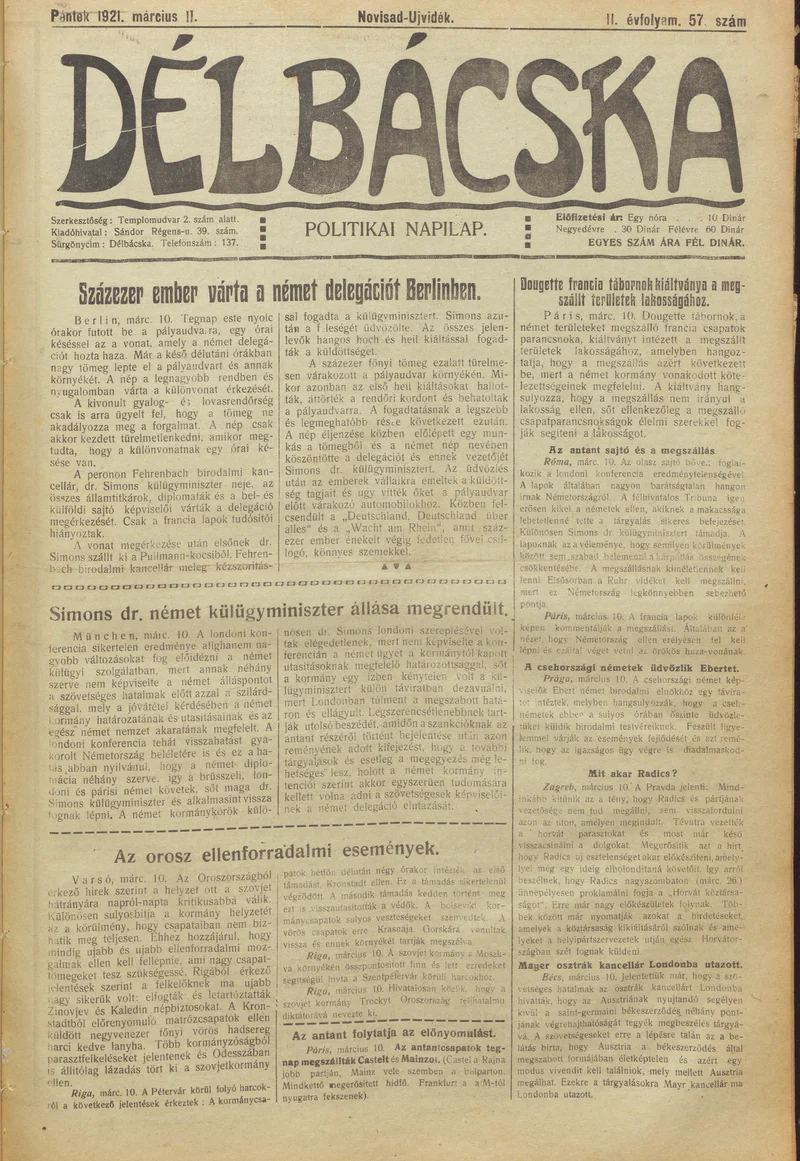 Délbácska, 2. évf. 1921. március 11. 57. sz.