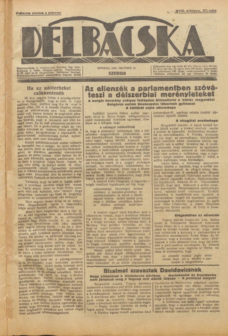 Délbácska, 8. évf. 1927. október 12. 237. sz.
