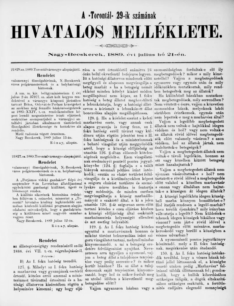 A Totontál  hivatalos melléklete, 2. évf. 1889. július 21. 29. sz.
