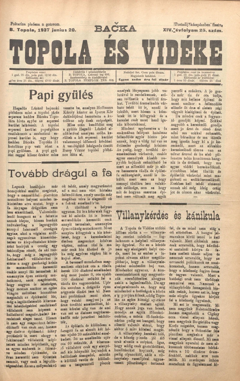 Bačka Topola és Vidéke, 14. évf. 1937. június 20. 25. sz.