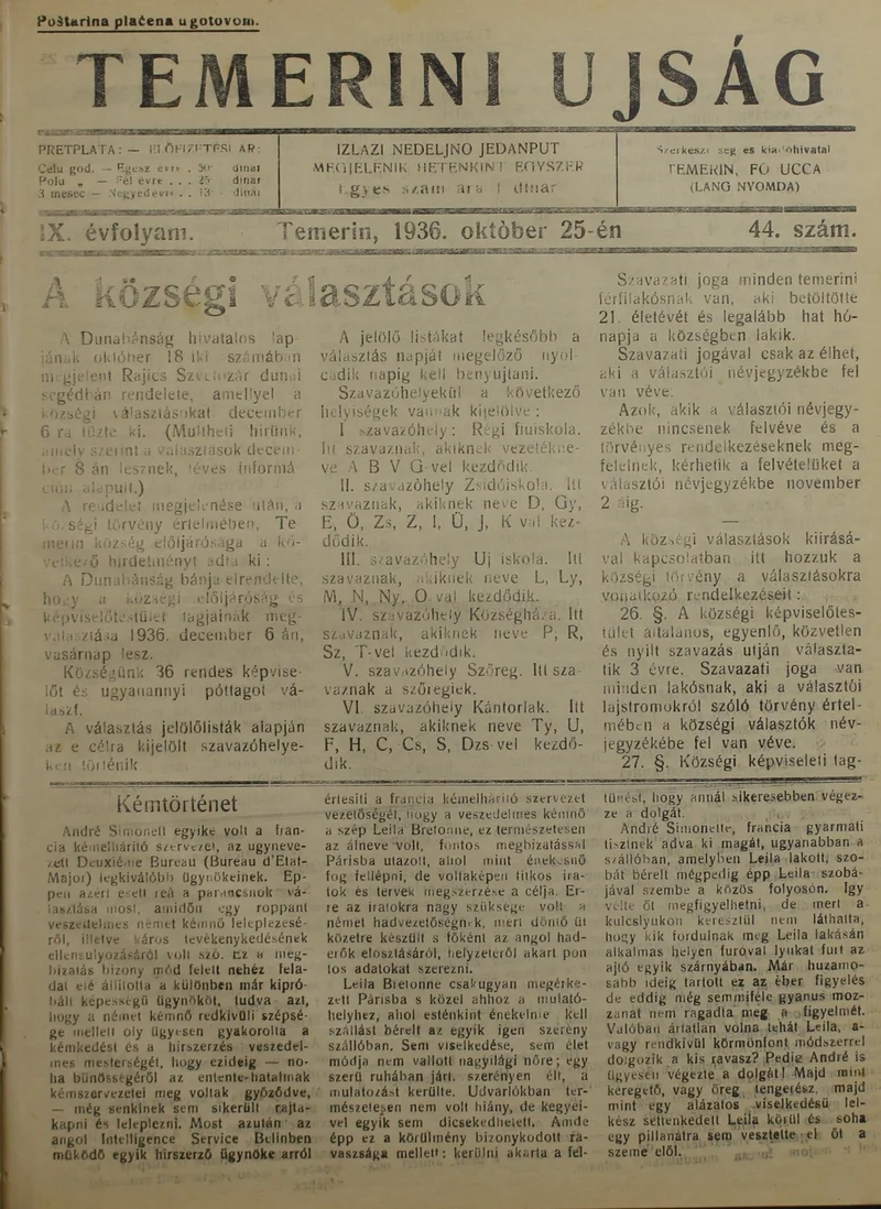 Temerini Újság 1928-1944, 9. évf. 1936. október 25. 44. sz.
