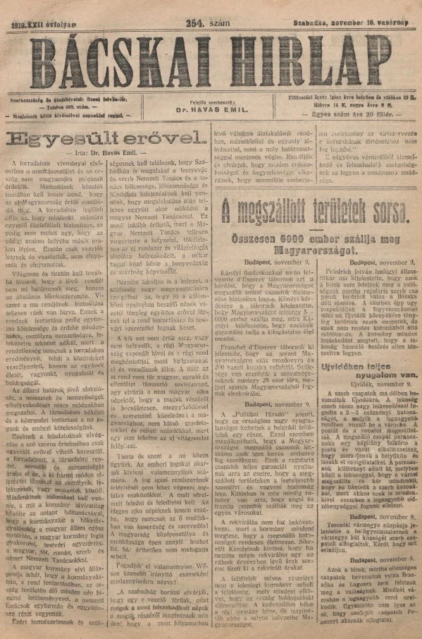 Bácskai Hirlap, 22. évf. 1918. november 10. 254. sz.