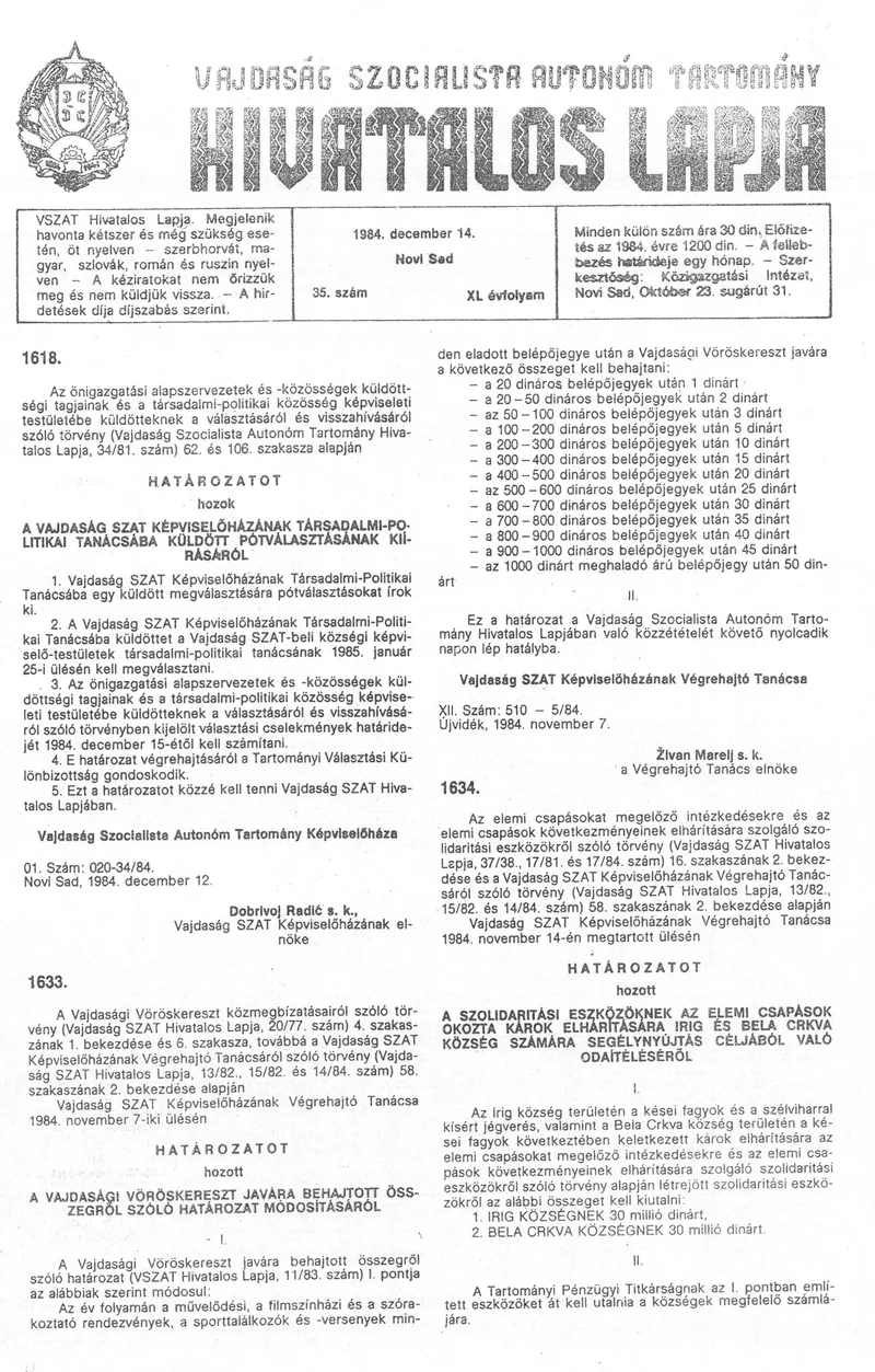 Vajdaság Szocialista Autonóm Tartomány Hivatalos Lapja, 40. évf. 1984. december 14. 35. sz.