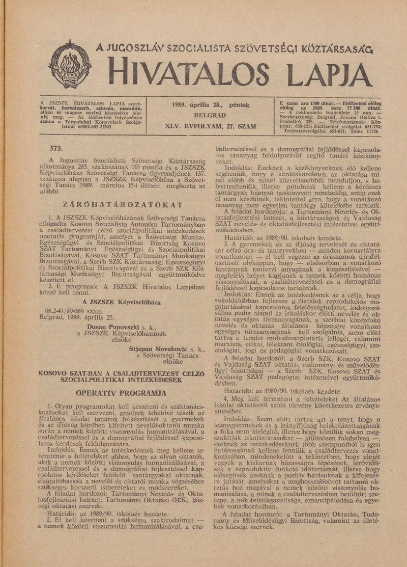 A Jugoszláv Szocialista Szövetségi Köztársaság Hivatalos Lapja, 45. évf. 1989. április 28. 27. sz. 721–736. oldal