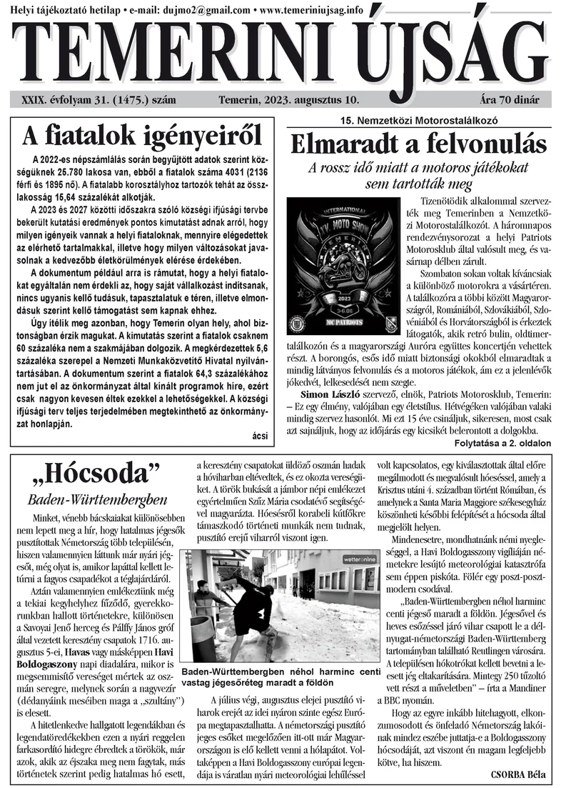 Temerini Újság, 29. évf. 2023. augusztus 10. 31. sz.