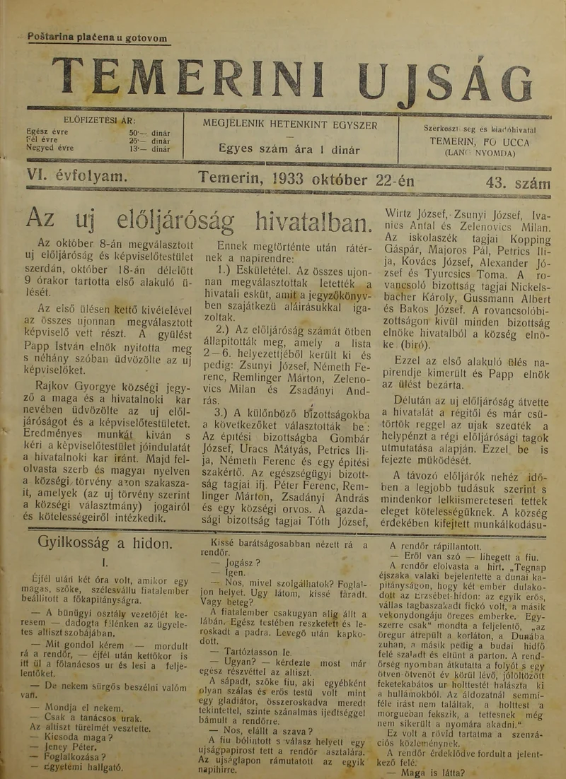 Temerini Újság 1928-1944, 6. évf. 1933. október 22. 43. sz.