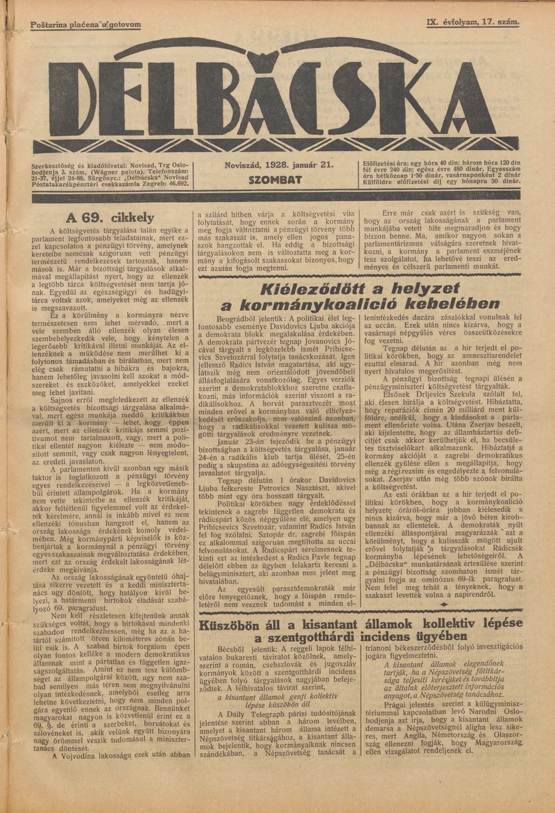 Délbácska, 9. évf. 1928. január 21. 17. sz.