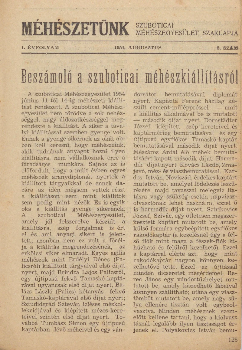 Méhészetünk, 1. évf. 1954. augusztus 1. 8. sz.