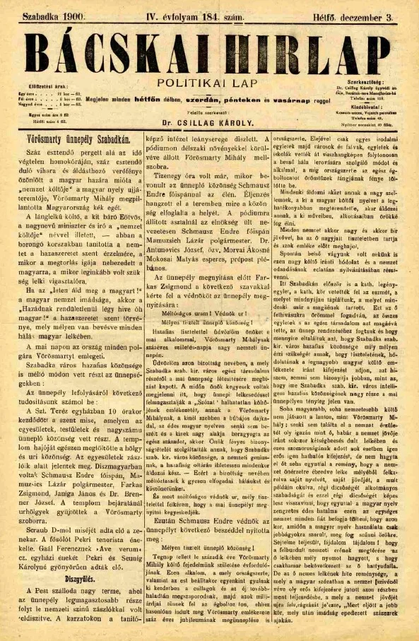 Bácskai Hirlap, 4. évf. 1900. december 3. 184. sz.