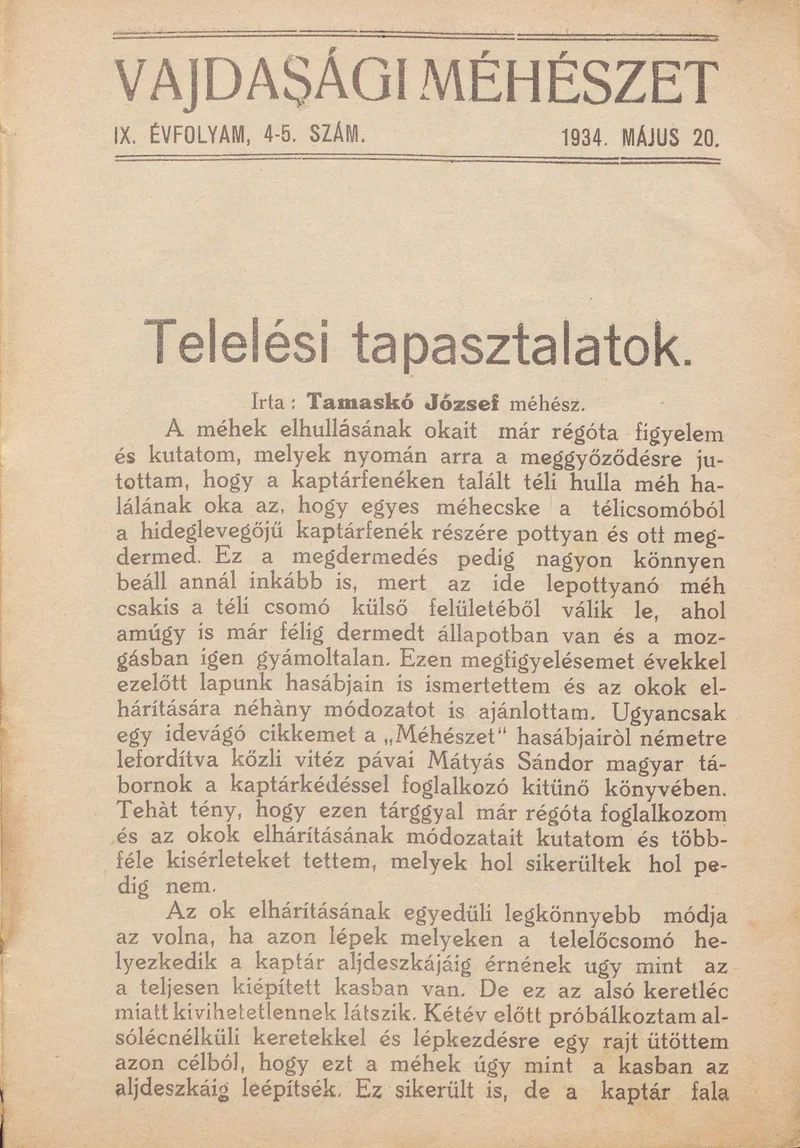 Vajdasági méhészet, 9. évf. 1934. május 20. 4–5. sz.