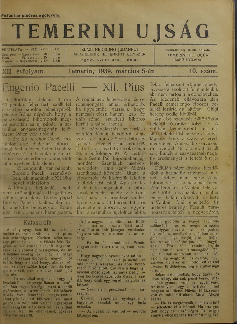 Temerini Újság 1928-1944, 12. évf. 1939. március 5. 10. sz.