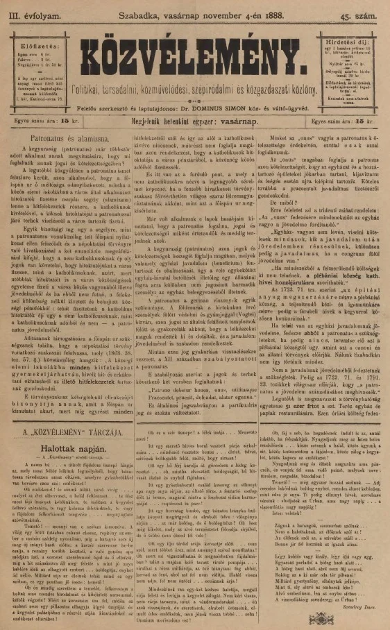 Közvélemény, 3. évf. 1888. november 4. 45. sz.