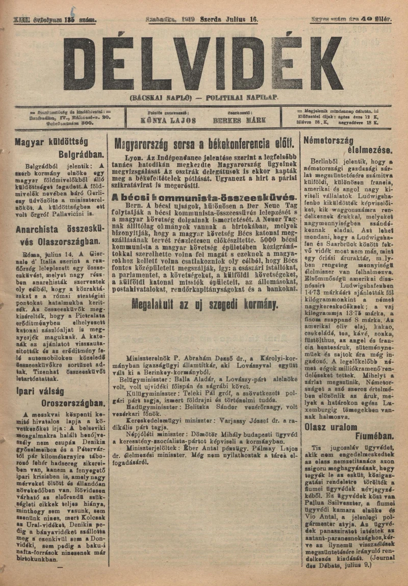 Délvidék, 13. évf. 1919. július 16. 136. sz.