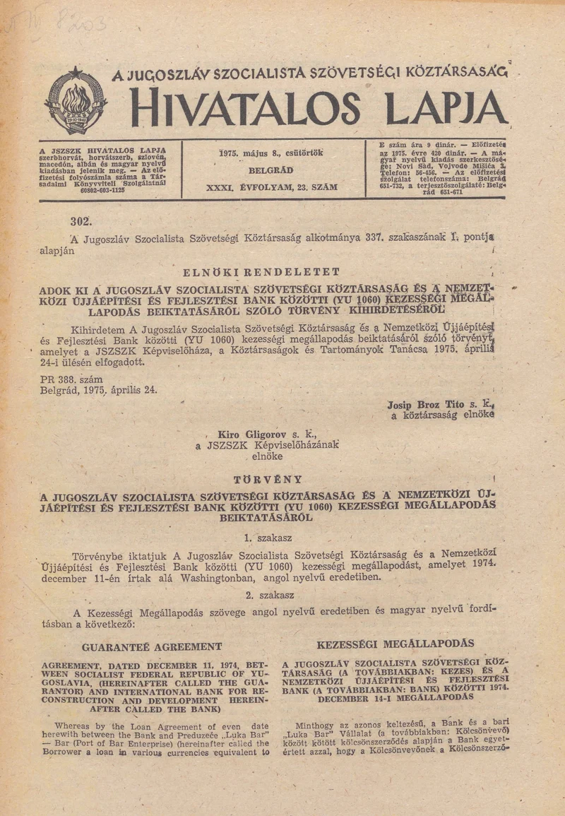 A Jugoszláv Szocialista Szövetségi Köztársaság Hivatalos Lapja, 31. évf. 1975. május 8. 23. sz. 753–780. oldal