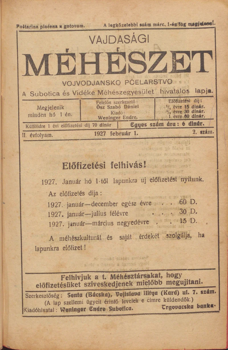 Vajdasági méhészet, 2. évf. 1927. február 1. 2. sz.