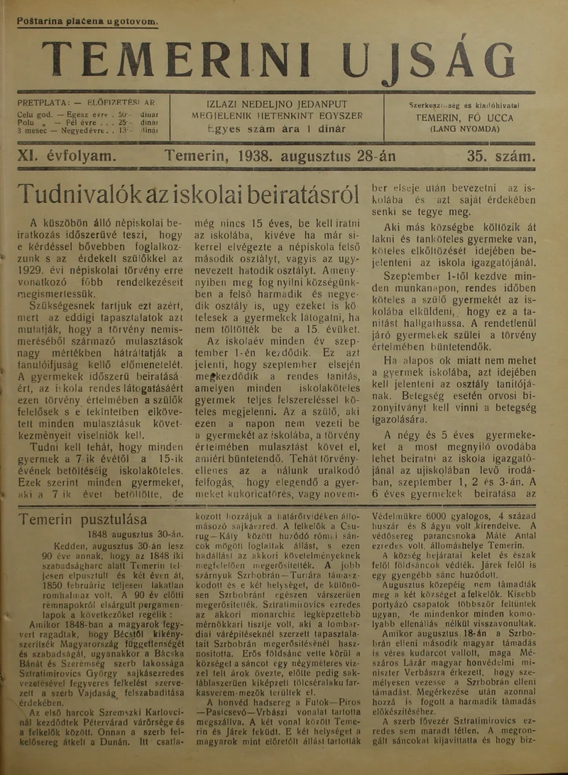 Temerini Újság 1928-1944, 11. évf. 1938. augusztus 28. 35. sz.