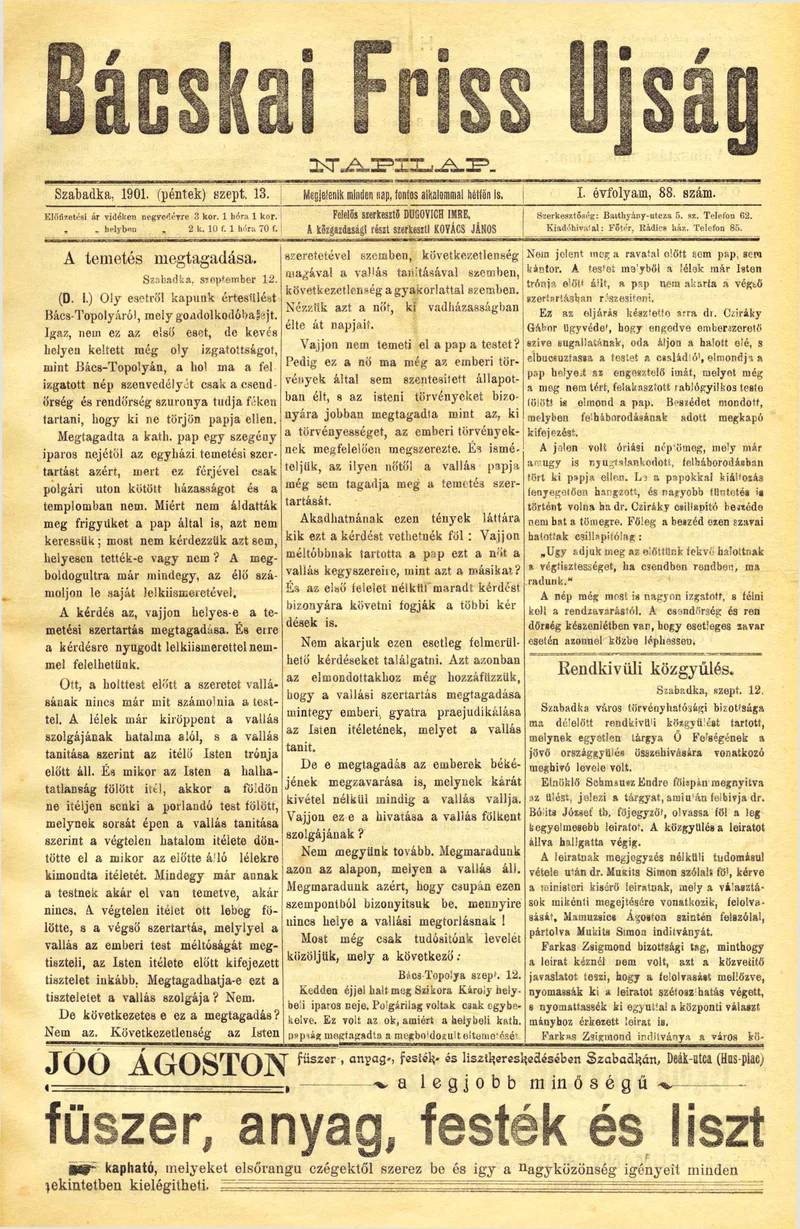 Bácskai Friss Ujság, 1. évf. 1901. szeptember 13. 88. sz.