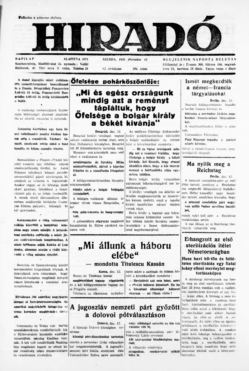 Híradó, 62. évf. 1933. december 13. 291. sz.