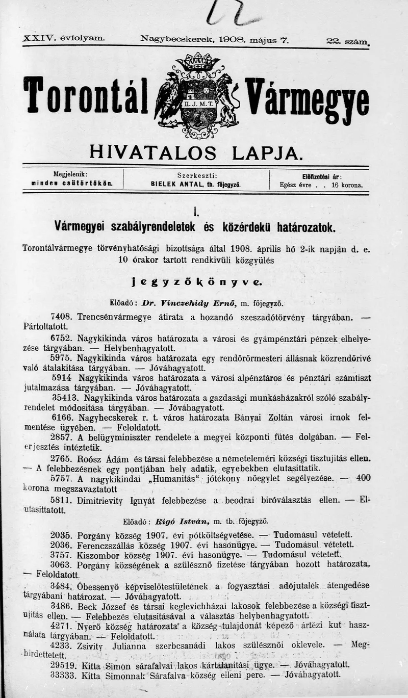 Torontál Vármegye Hivatalos Lapja, 24. évf. 1908. május 7. 22. sz.