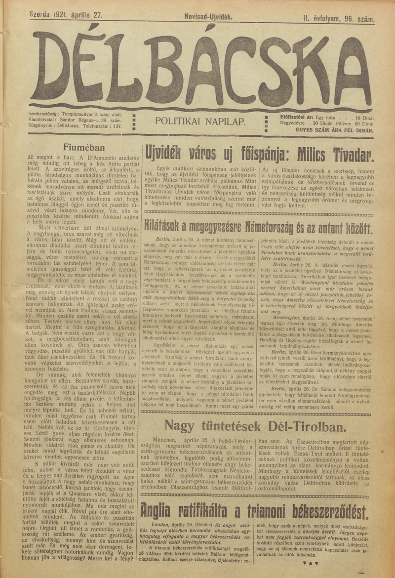 Délbácska, 2. évf. 1921. április 27. 96. sz.