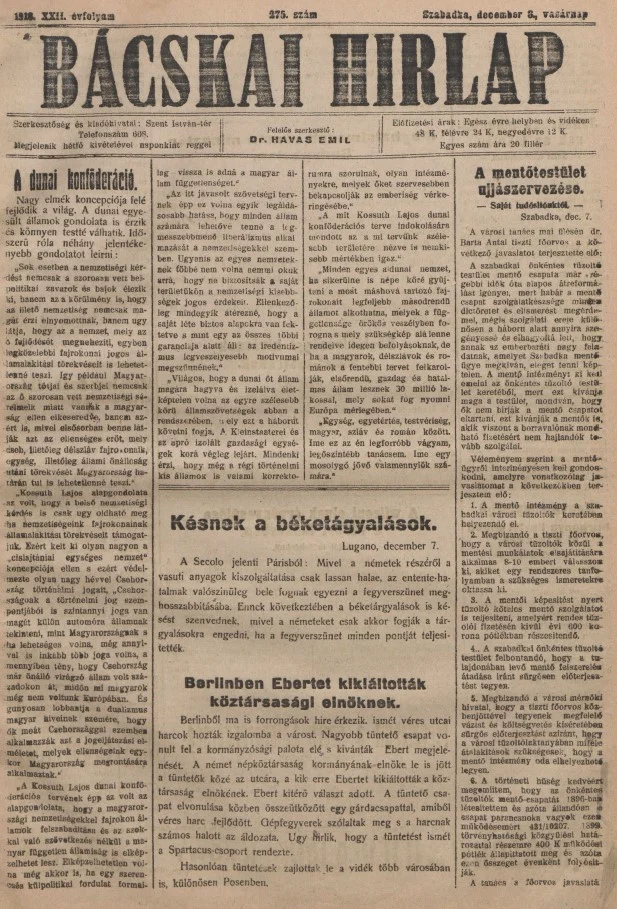 Bácskai Hirlap, 22. évf. 1918. december 8. 275. sz.