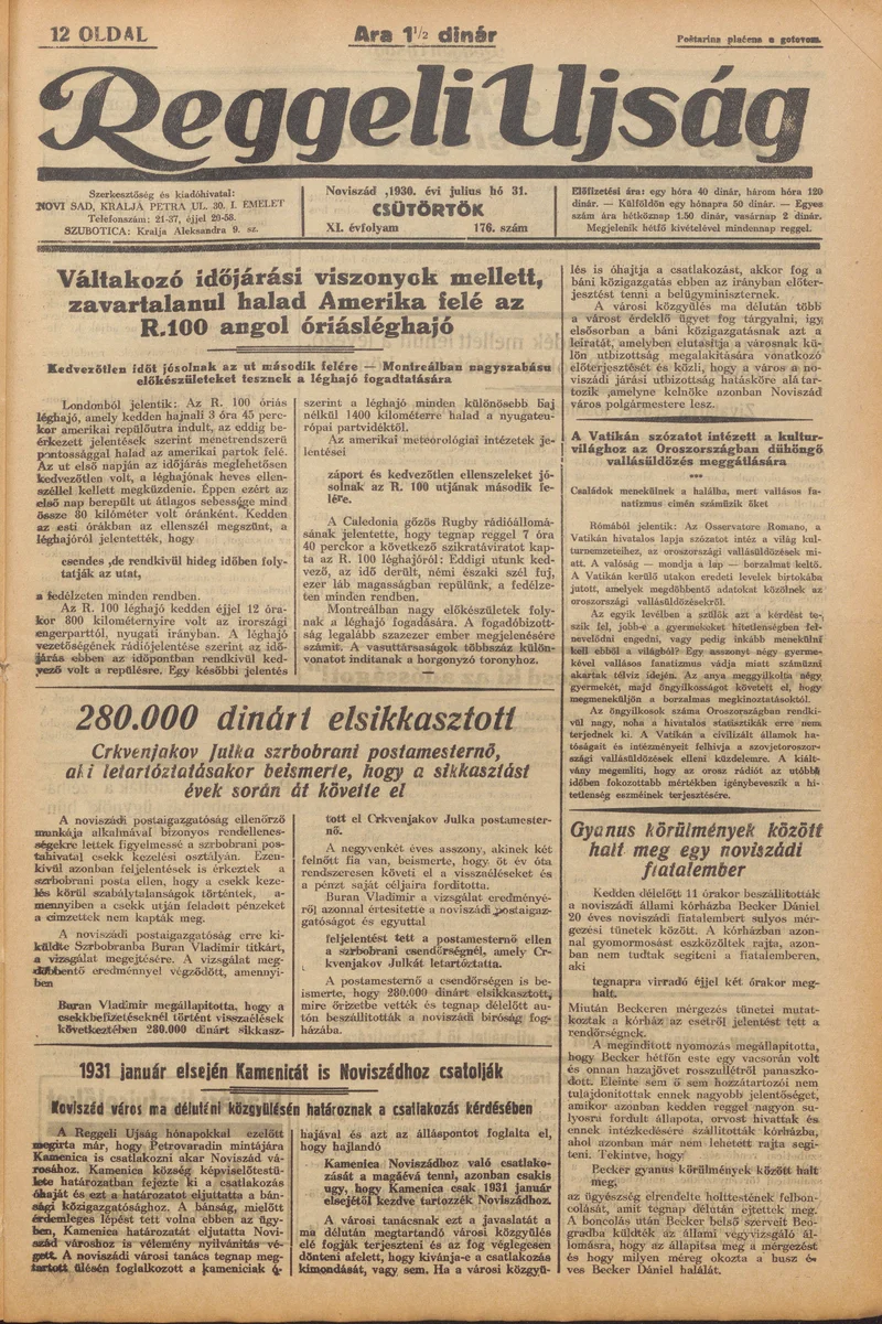 Reggeli Újság, 11. évf. 1930. július 31. 176. sz.