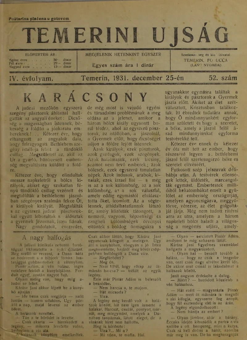 Temerini Újság 1928-1944, 4. évf. 1931. december 25. 52. sz.