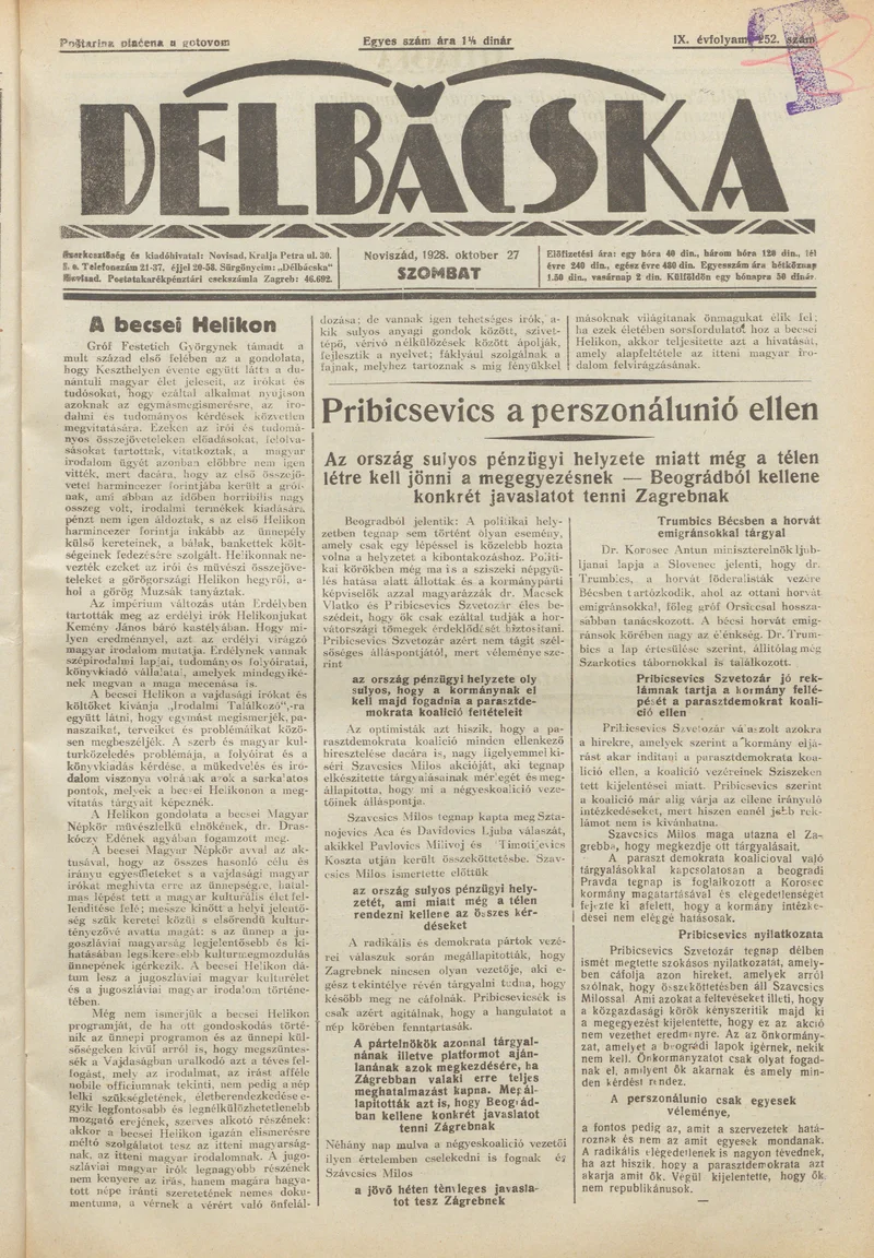 Délbácska, 9. évf. 1928. október 27. 252. sz.