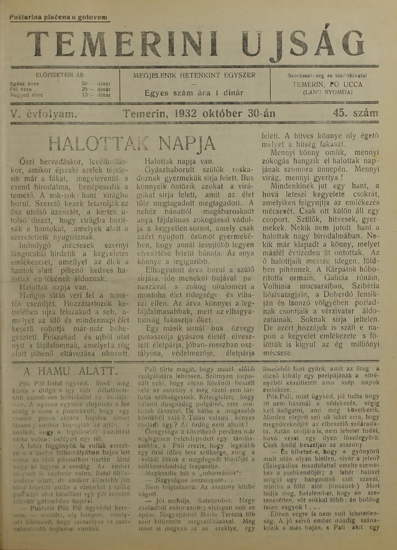 Temerini Újság 1928-1944, 5. évf. 1932. október 30. 45. sz.