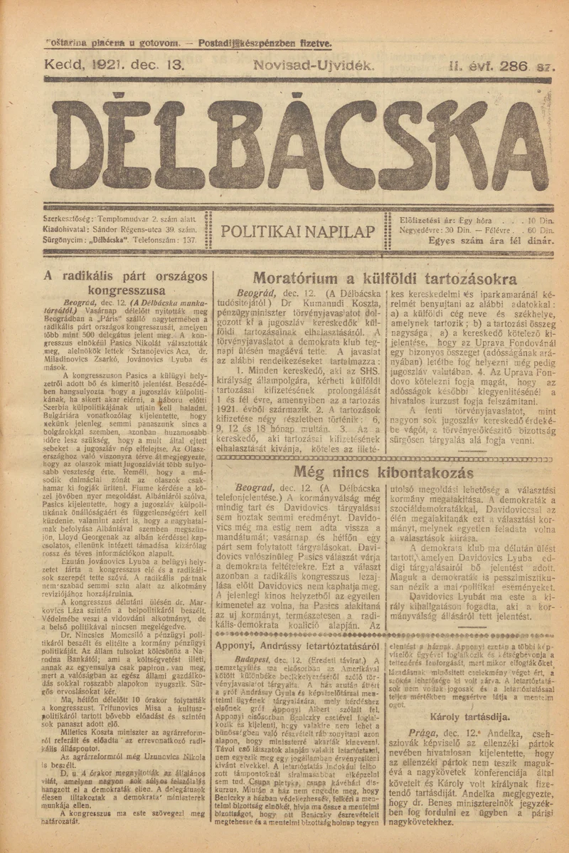 Délbácska, 2. évf. 1921. december 13. 286. sz.