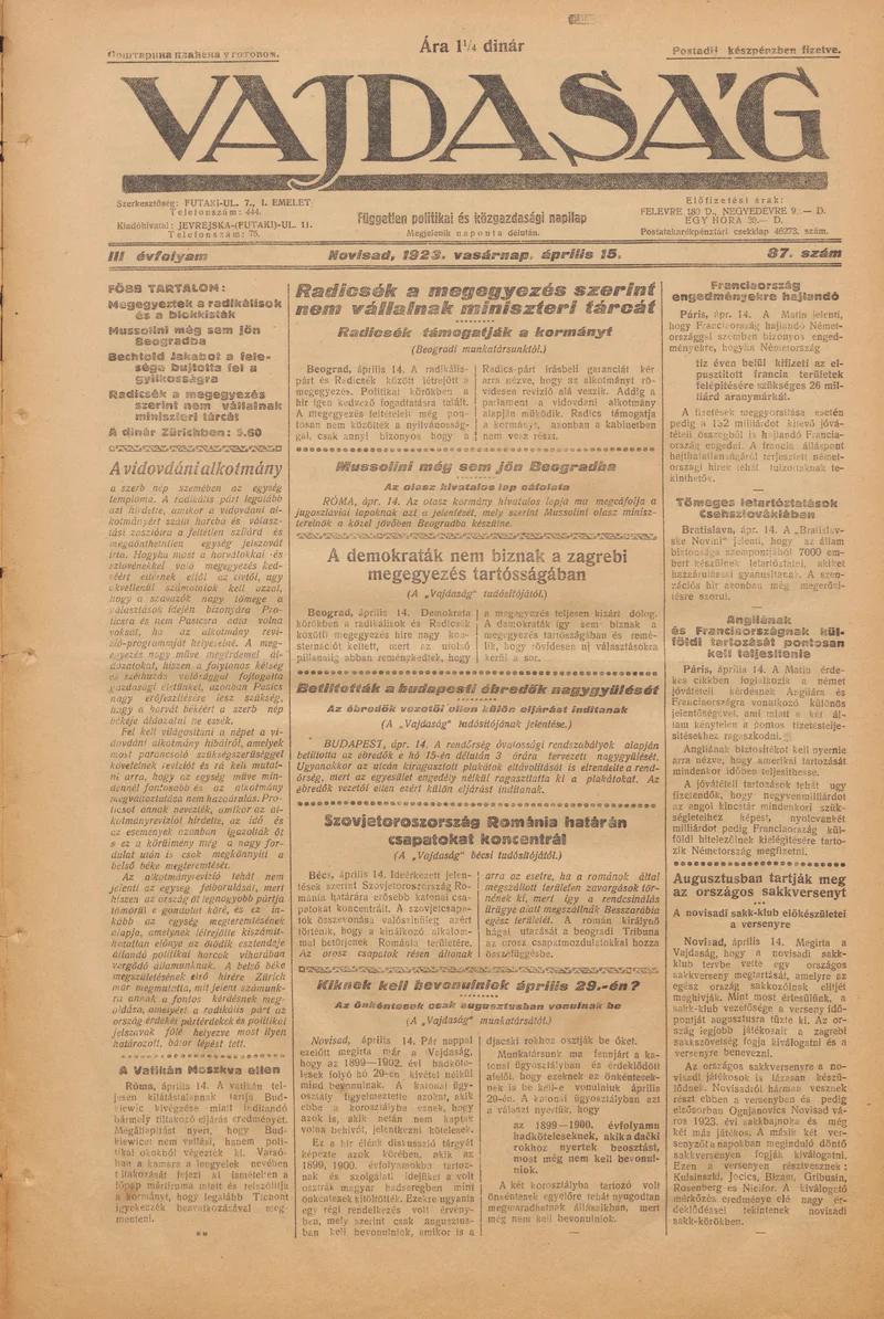 Vajdaság, 3. évf. 1923. április 15. 87. sz.