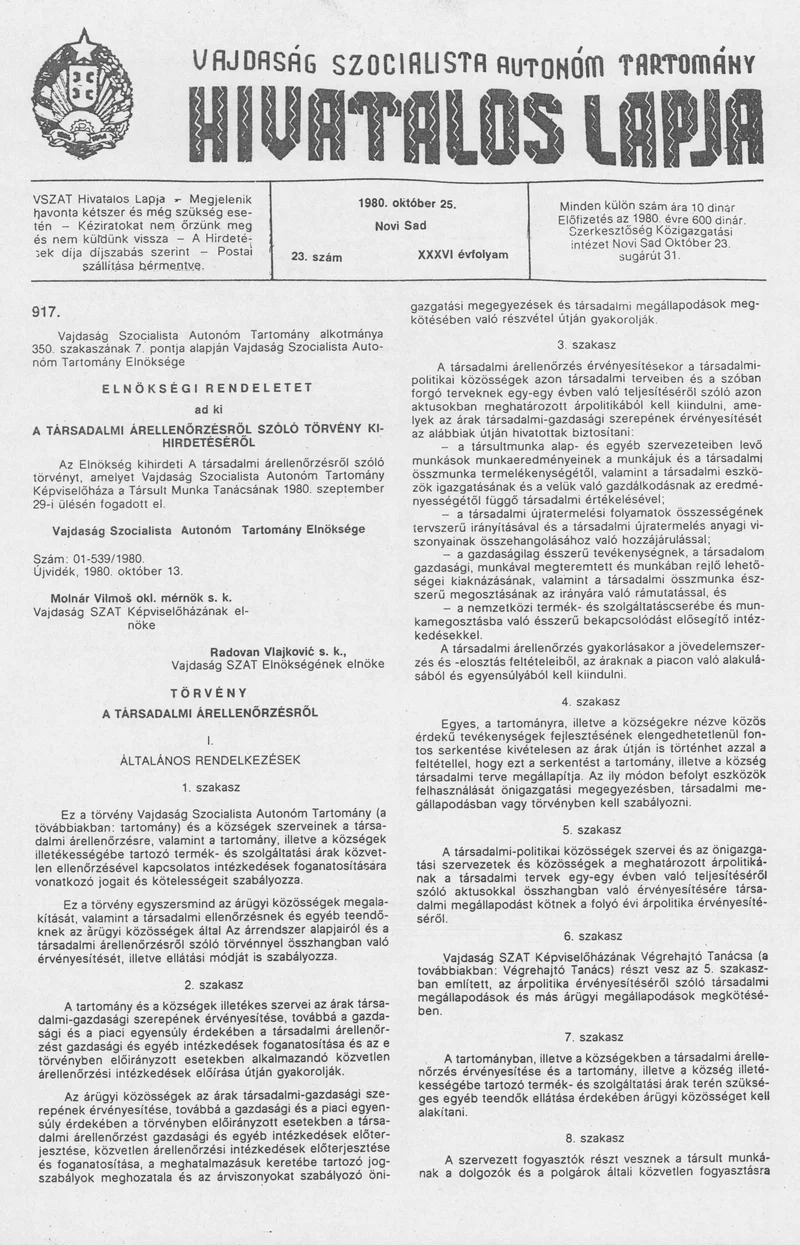Vajdaság Szocialista Autonóm Tartomány Hivatalos Lapja, 36. évf. 1980. október 25. 23. sz. 1083–1110. oldal