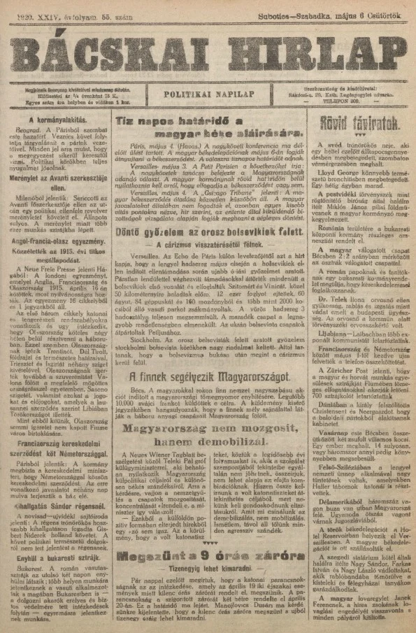 Bácskai Hirlap, 24. évf. 1920. május 6. 55. sz.