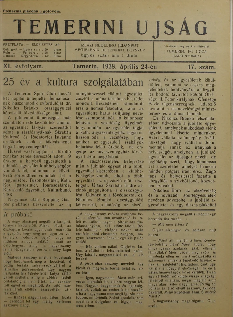 Temerini Újság 1928-1944, 11. évf. 1938. április 24. 17. sz.