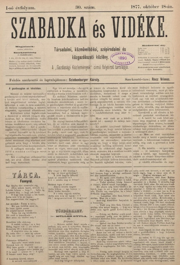 Szabadka és vidéke, 1. évf. 1877. október 18. 30. sz.