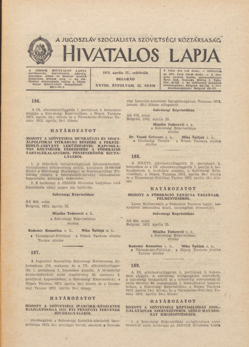 A Jugoszláv Szocialista Szövetségi Köztársaság Hivatalos Lapja, 28. évf. 1972. április 27. 22. sz. 417–428. oldal