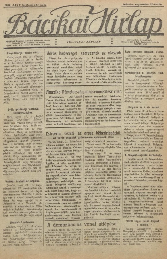 Bácskai Hirlap, 24. évf. 1920. szeptember 22. 154. sz.