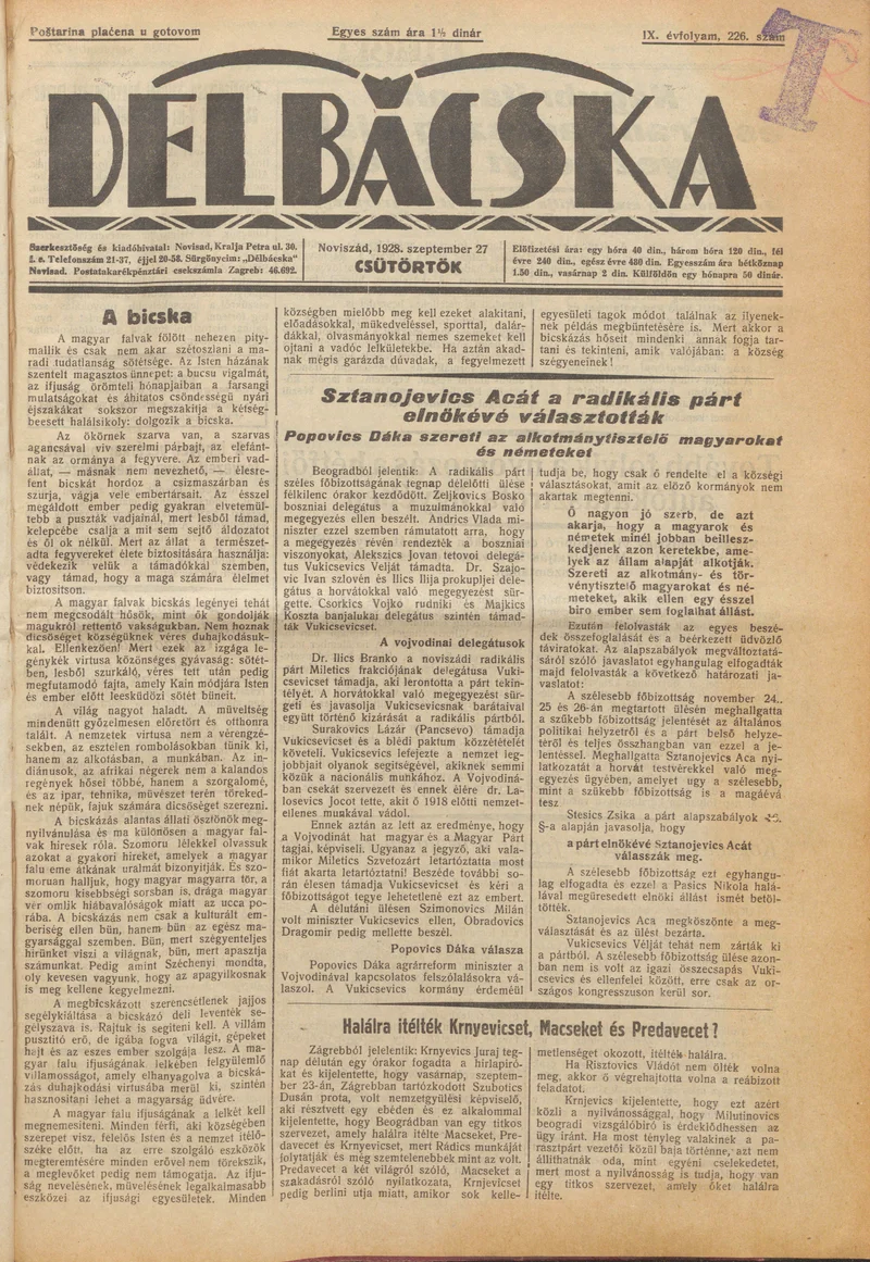 Délbácska, 9. évf. 1928. szeptember 27. 226. sz.
