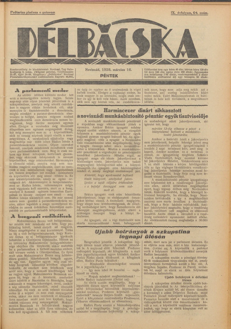 Délbácska, 9. évf. 1928. március 16. 64. sz.