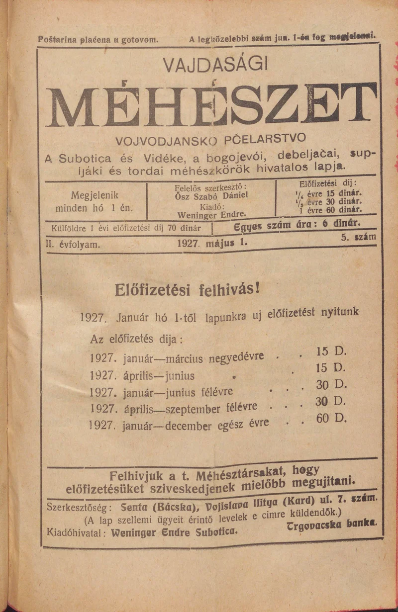 Vajdasági méhészet, 2. évf. 1927. május 1. 5. sz.