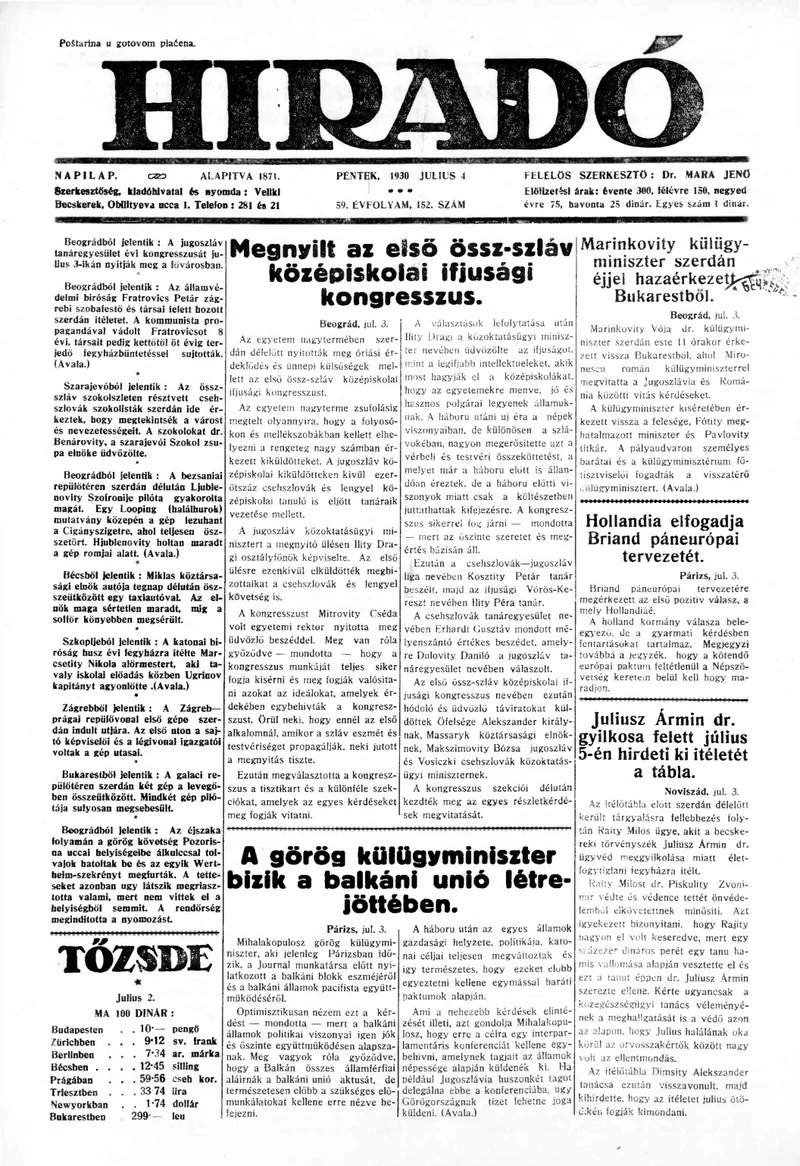 Híradó, 59. évf. 1930. július 4. 152. sz.