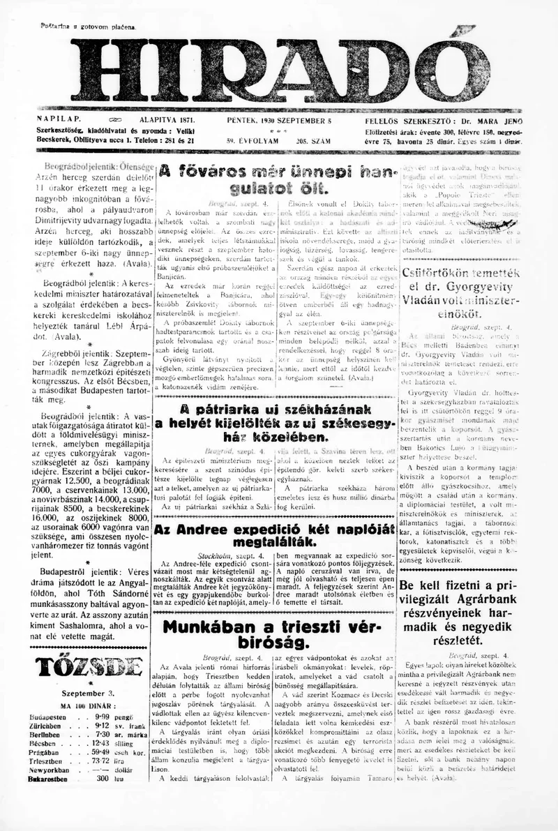 Híradó, 59. évf. 1930. szeptember 5. 205. sz.