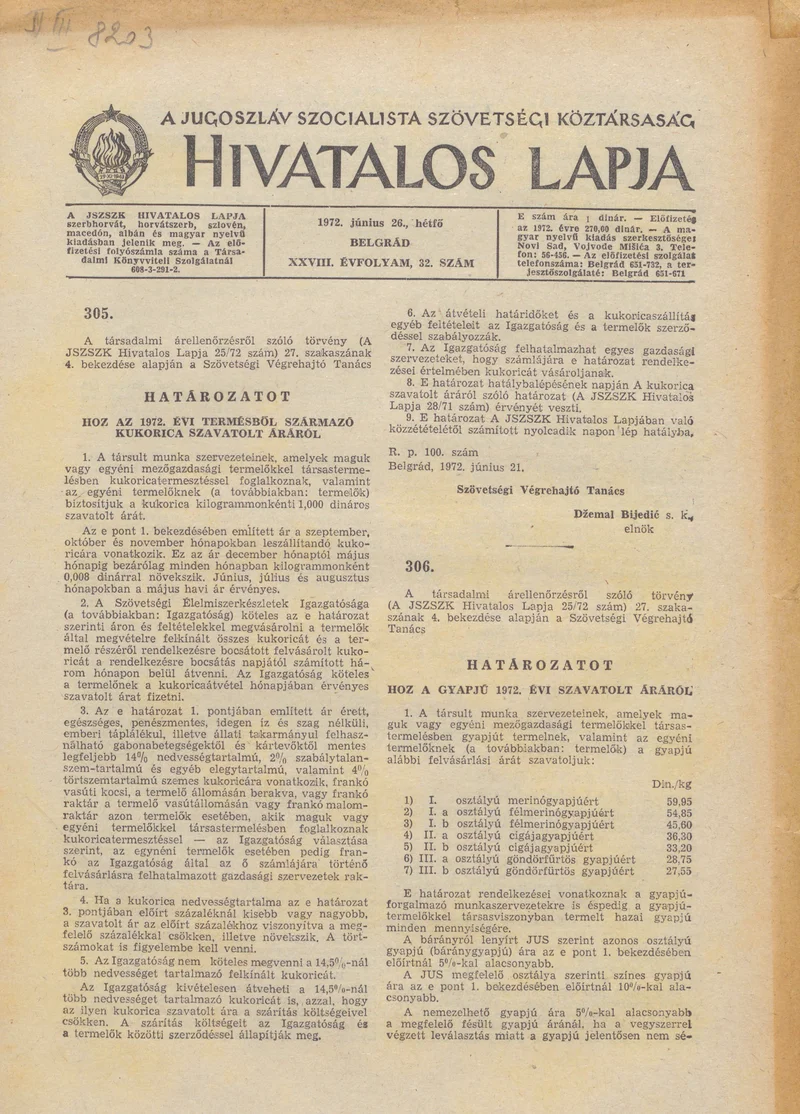 A Jugoszláv Szocialista Szövetségi Köztársaság Hivatalos Lapja, 28. évf. 1972. június 26. 32. sz. 617–624. oldal