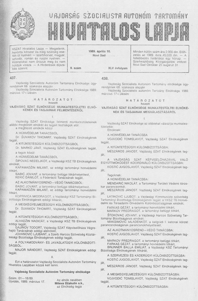 Vajdaság Szocialista Autonóm Tartomány Hivatalos Lapja, 45. évf. 1989. április 10. 9. sz.