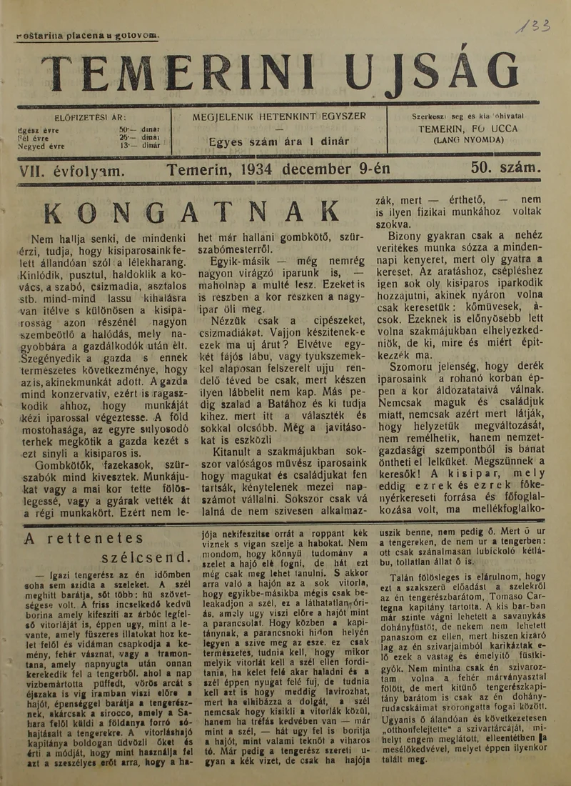 Temerini Újság 1928-1944, 7. évf. 1934. december 9. 50. sz.
