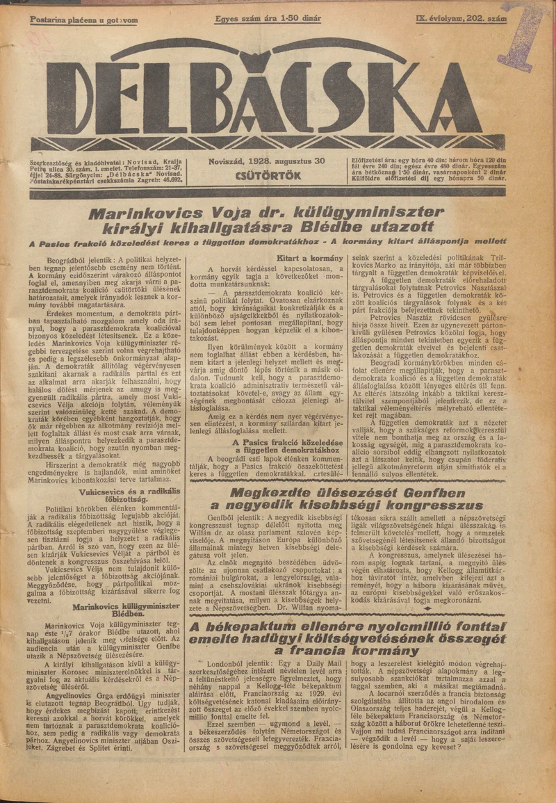 Délbácska, 9. évf. 1928. augusztus 30. 202. sz.