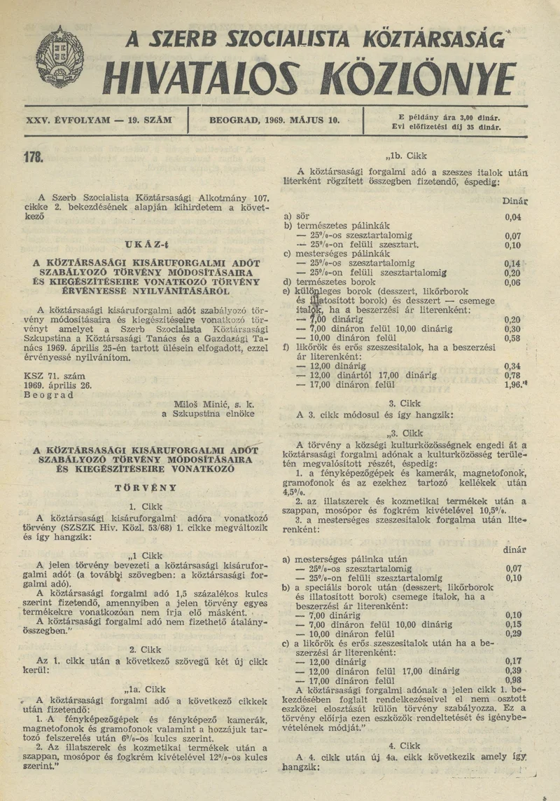 A Szerb Szocialista Köztársaság Hivatalos Közlönye, 25. évf. 1969. május 10. 19. sz. 529–532. oldal